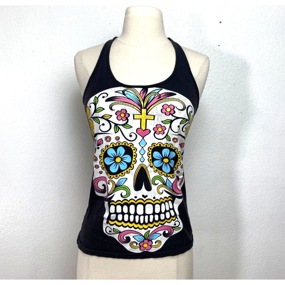 Leo Sugar Skull Womans Tank Top Medium Black Colorful Goth Grunge Hippie Peasant